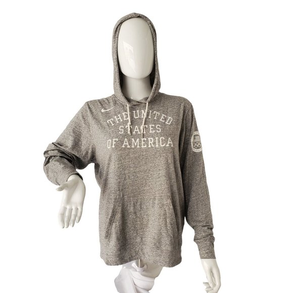 Nike Tops - Nike US Olympics Hooded Tee Gray Cotton Long Slv Hand Warmer Pocket Womens Large